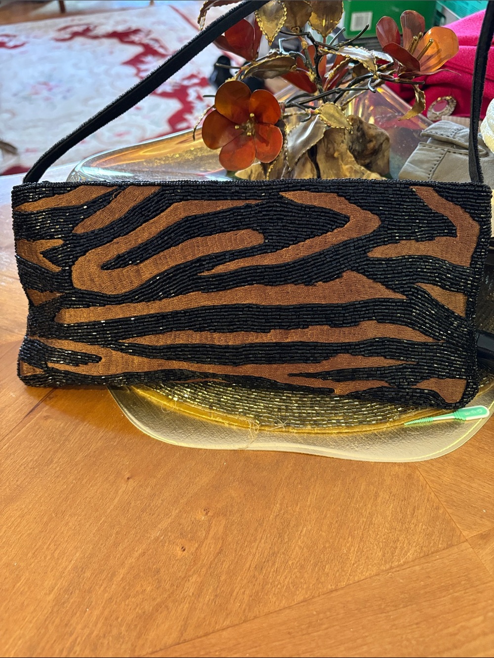 Beaded Zebra-Pattern Evening Clutch in Black & Brown